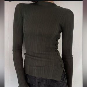 Mango Olive Ribbed Button-Side Women's Top